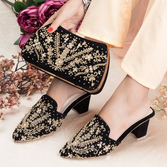 Heritage Black Mules & Clutch